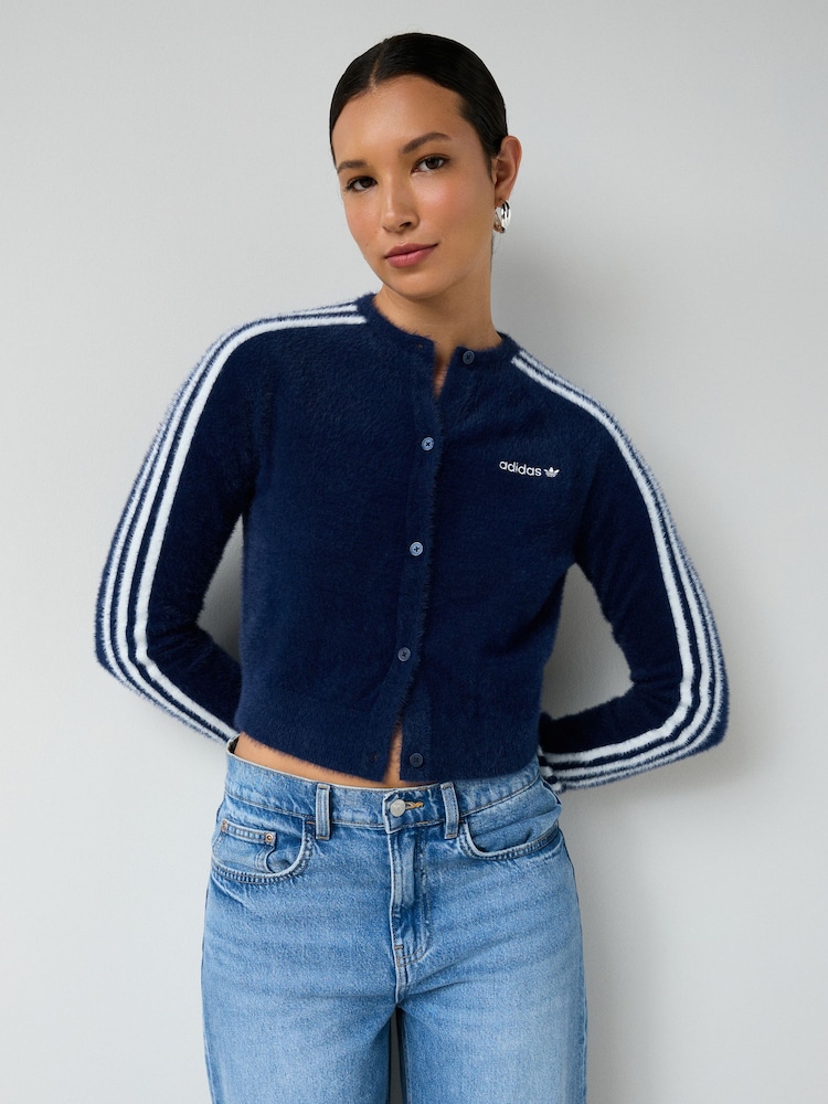 adidas Originals Blue Fluffy 3-Stripes Cardigan - Image 1 of 7 adidas Originals Blue Fluffy 3-Stripes Cardigan - Image 1 of 7