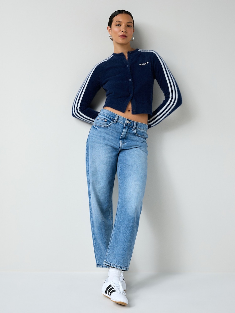 adidas Originals Blue Fluffy 3-Stripes Cardigan - Image 2 of 7 adidas Originals Blue Fluffy 3-Stripes Cardigan - Image 2 of 7