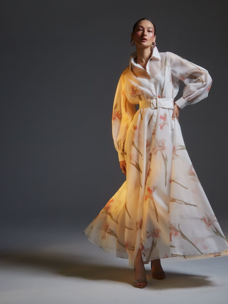Ted Baker White Liorral-Printed Organza Belted Maxi Dress - Image 1 of 6