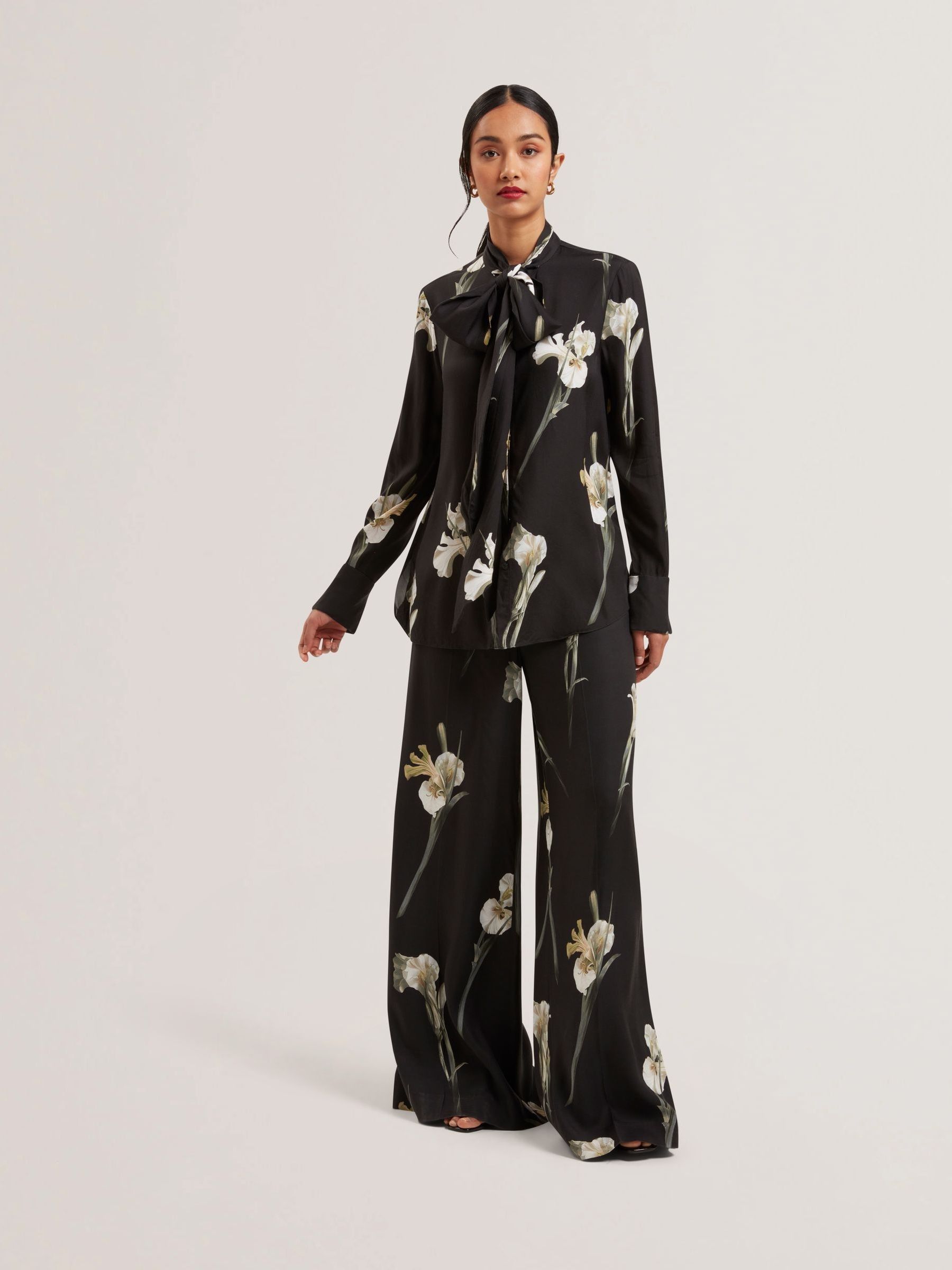Ted Baker Black Zakiier-Printed Scarf Detail Long Sleeve Blouse