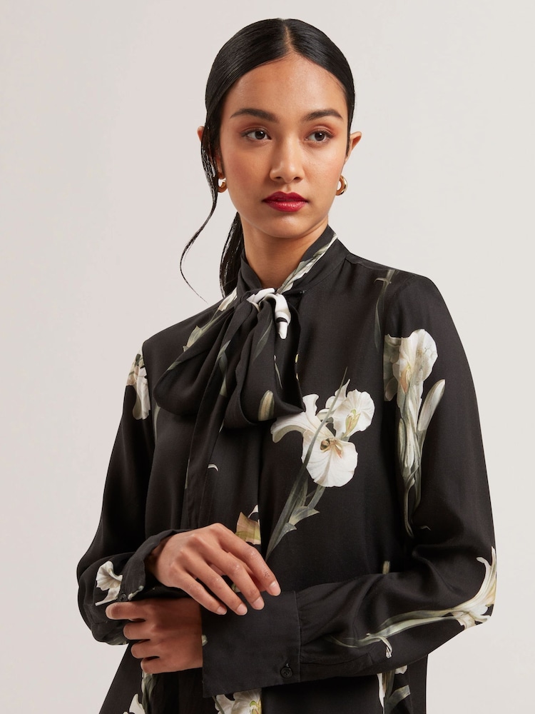 Ted Baker Black Zakiier-Printed Scarf Detail Long Sleeve Blouse - Image 3 of 8