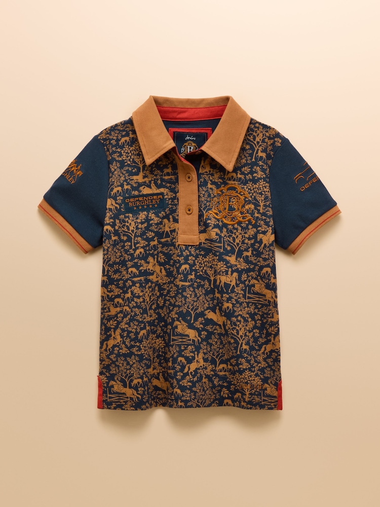 Official Burghley Navy Horse Print Kids' Pique Polo Shirt - Image 1 of 8