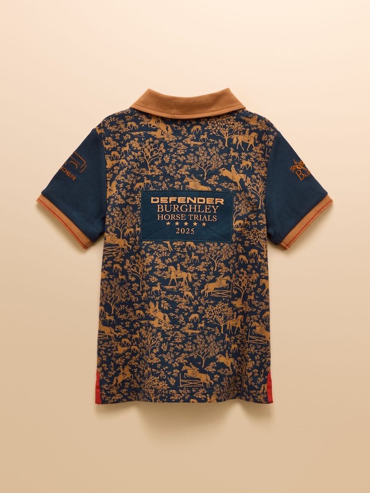 Official Burghley Navy Horse Print Kids' Pique Polo Shirt - Image 2 of 8
