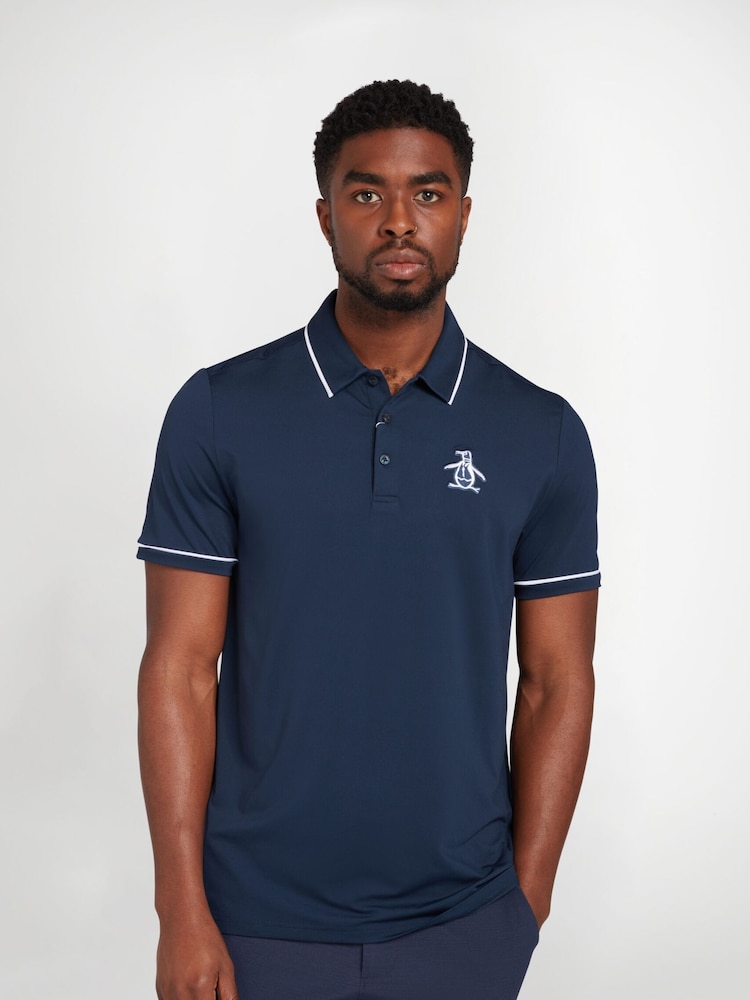Original Penguin Golf Oversized Blue Heritage Piped Logo Polo Shirt - Image 1 of 5
