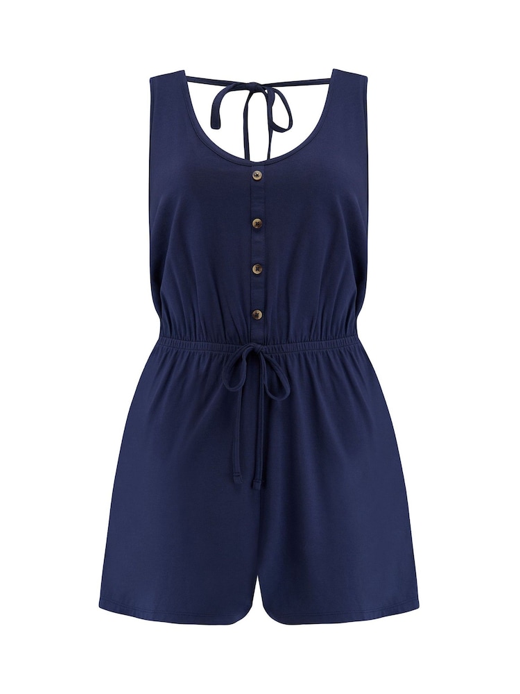 Pour Moi Blue Button Front Stretch Jersey Beach Playsuit - Image 3 of 4