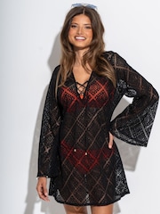 Pour Moi Black Crochet Lace Long Sleeve Beach Cover-Up - Image 1 of 4