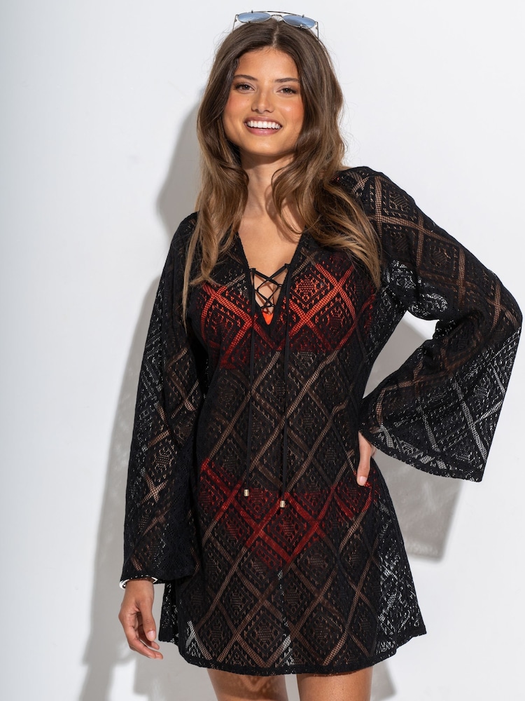 Pour Moi Black Crochet Lace Long Sleeve Beach Cover-Up - Image 1 of 4