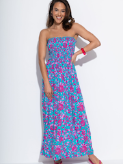 Pour Moi Dark Blue Strapless Shirred Bodice Woven Maxi Beach Dress - Image 1 of 4