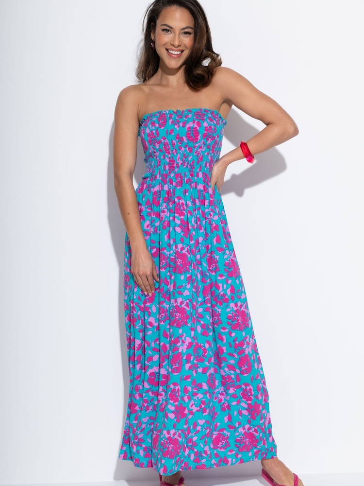 Pour Moi Dark Blue Strapless Shirred Bodice Woven Maxi Beach Dress - Image 1 of 4