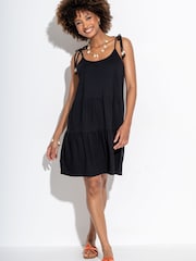 Pour Moi Black Tie Shoulder Tiered Textured Jersey Short Dress - Image 1 of 4