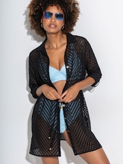 Pour Moi Black Chevron Stripe Button Through Chiffon Beach Shirt - Image 3 of 6
