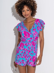 Pour Moi Blue Frill Stretch Jersey Beach Playsuit - Image 1 of 4