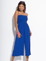 Pour Moi Blue Strapless Shirred Bodice Crop Leg Beach Jumpsuit - Image 1 of 4