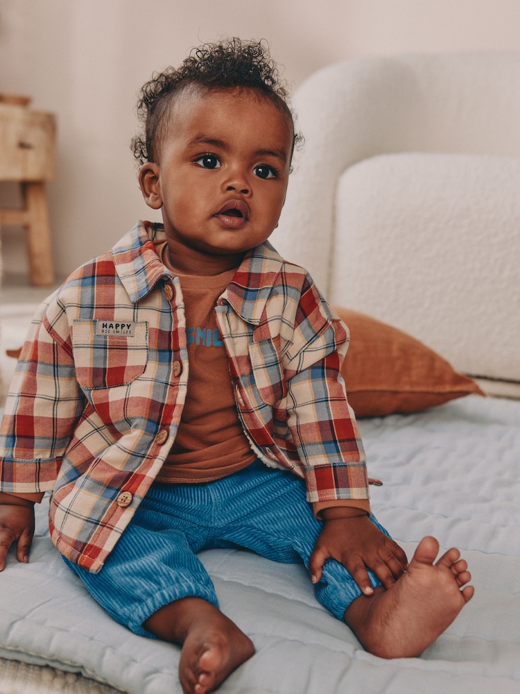 Brown/Navy Baby Shacket Top and Trousers 3 Piece Set (0mths-2yrs) - Image 1 of 18