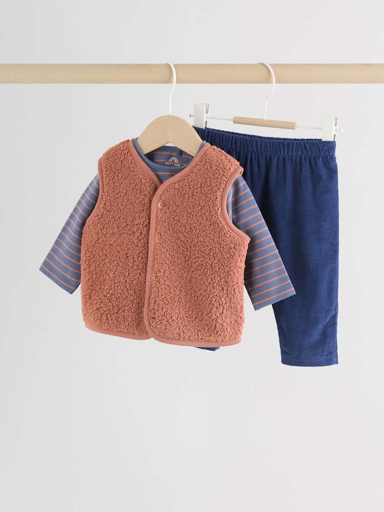 Buy Blue/Brown Bear Hugs Slogan Borg Baby Gilet Top and Leggings