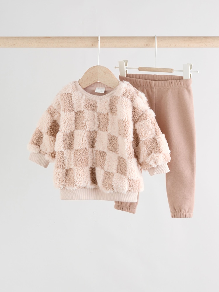 Neutral Checkerboard Baby Fleece Top and Joggers Set (0mths-2yrs) - Image 1 of 15