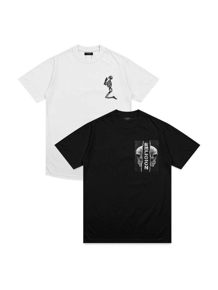 Negro/Blanco - Pack de 2 camisetas de algodón 100 % con diseño gráfico de calavera en acuarelas y diseño clásico con emblema de Religion - Imagen 1 de 1