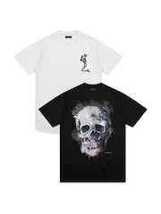 Negro - Pack de 2 camisetas de algodón 100 % con diseño gráfico de calavera en acuarelas y diseño clásico con emblema de Religion - Imagen 1 de 1