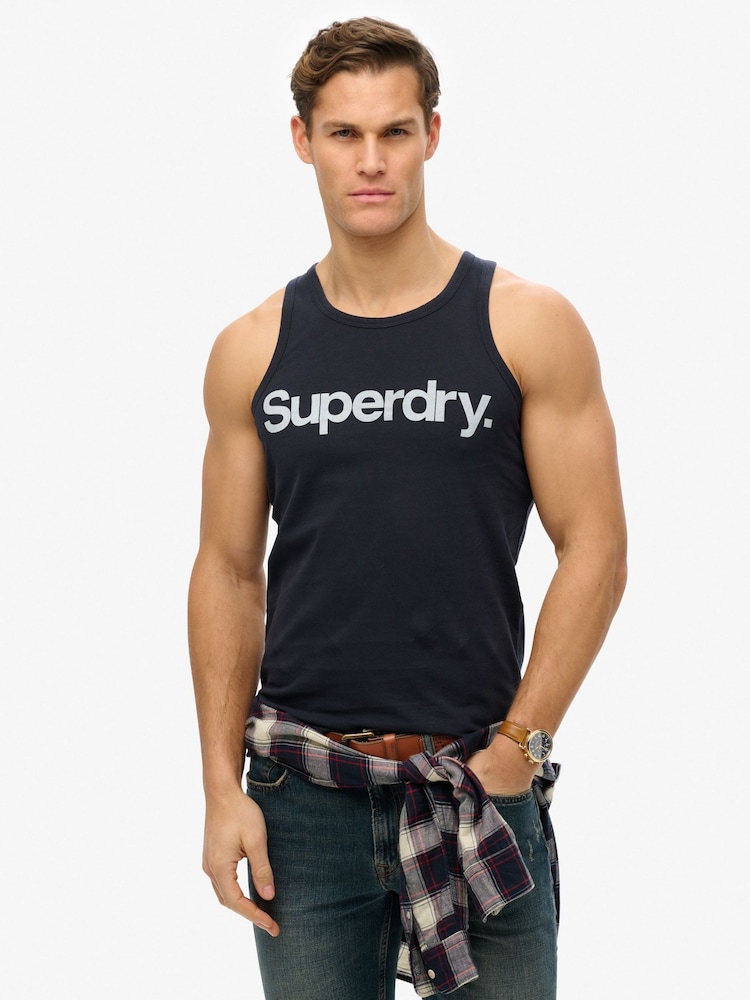 Superdry Navy Superdry Core Logo Kiss Print Slim Fit Vest Top - Image 1 of 5