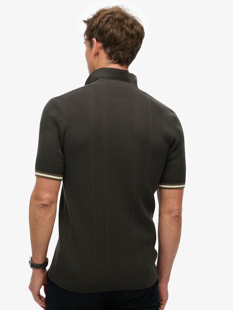 Черный - Superdry Knitted Texture Short Sleeve Relaxed Polo Shirt - Image 2 of 6
