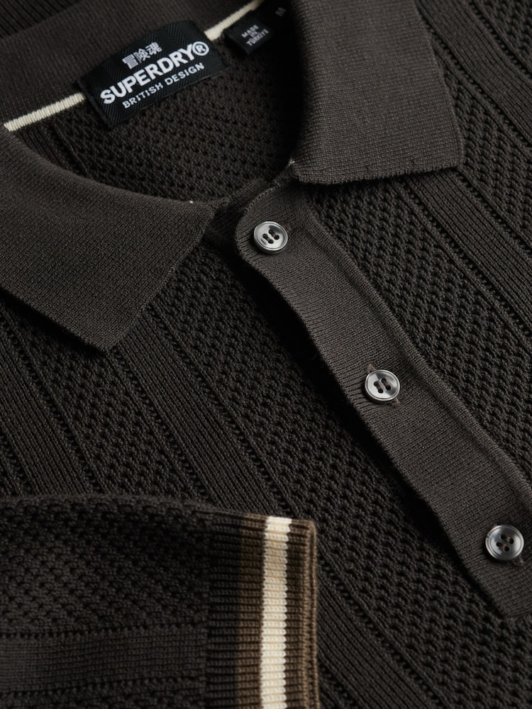 Черный - Superdry Knitted Texture Short Sleeve Relaxed Polo Shirt - Image 6 of 6