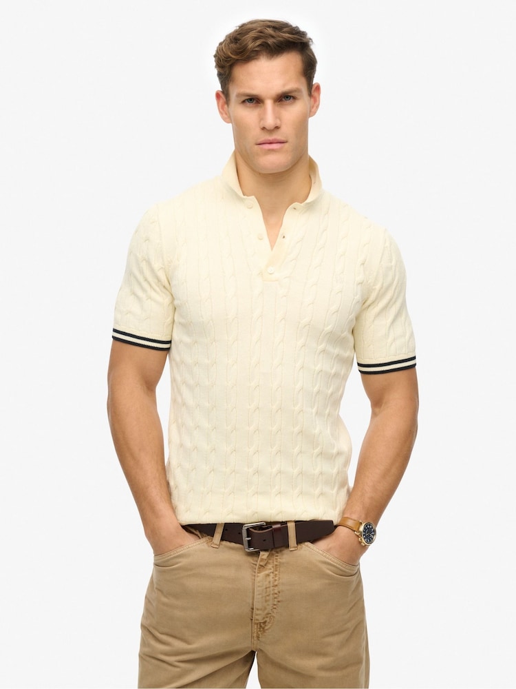 Кремовый - Superdry Knitted Texture Short Sleeve Relaxed Polo Shirt - Image 1 of 5