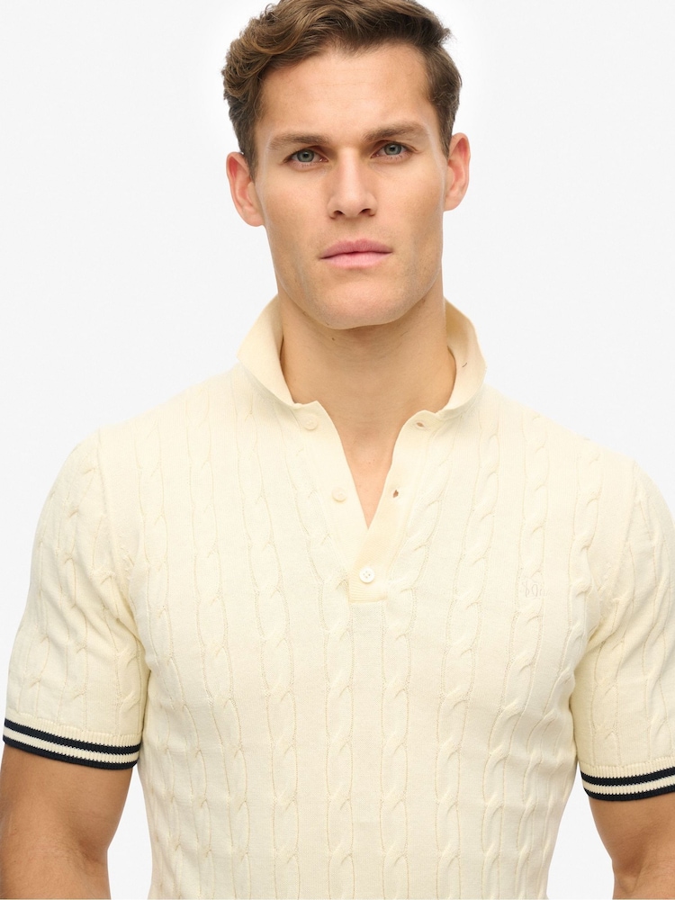 Superdry Cream Superdry Knitted Texture Short Sleeve Relaxed Polo Shirt - Image 3 of 5