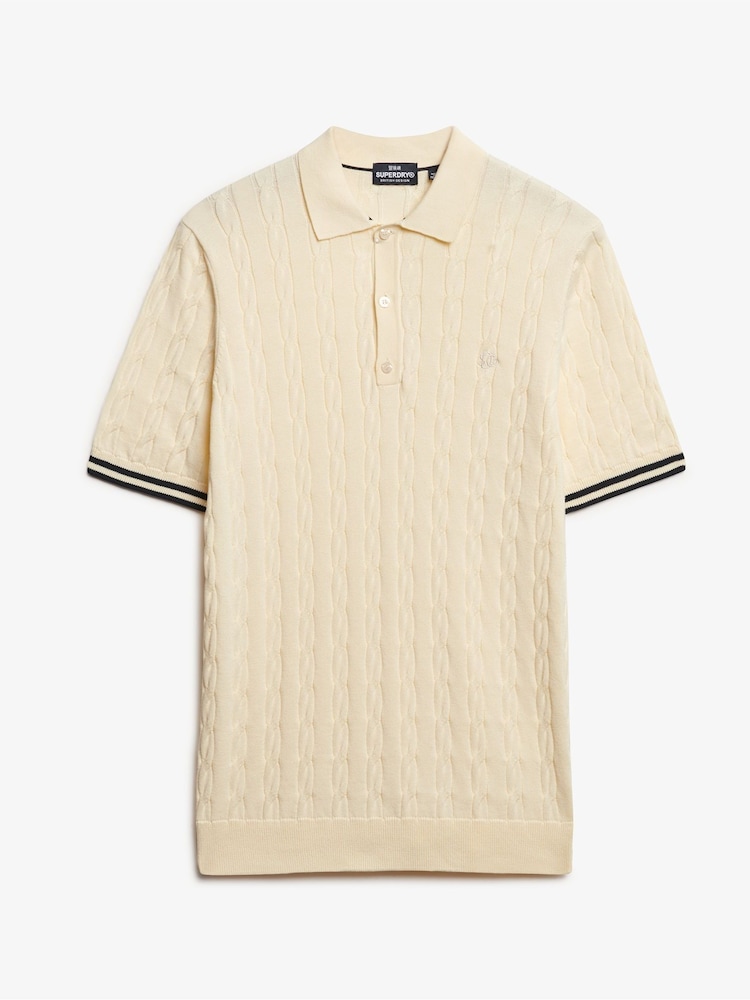 Superdry Cream Superdry Knitted Texture Short Sleeve Relaxed Polo Shirt - Image 4 of 5
