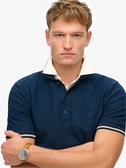 Темно-синий - Superdry Knitted Texture Short Sleeve Relaxed Polo Shirt - Image 4 of 6