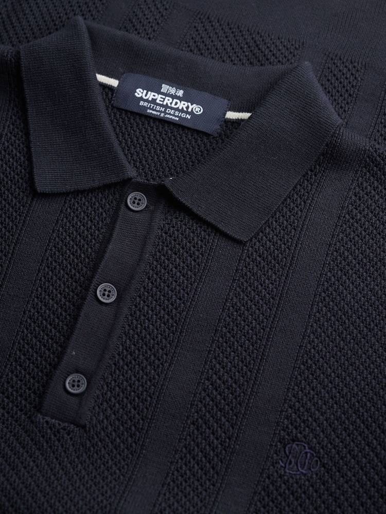 Темно-синий - Superdry Knitted Texture Short Sleeve Relaxed Polo Shirt - Image 6 of 6