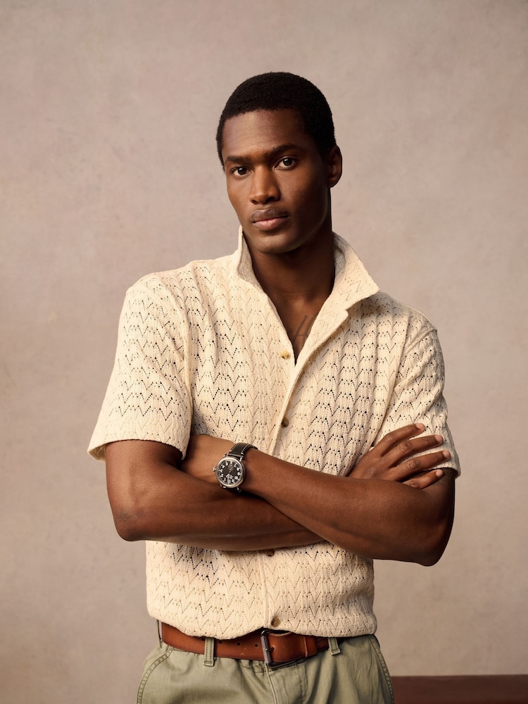 Cream Superdry Knitted Texture Relaxed Short Sleeve Shirt - Image 1 of 2