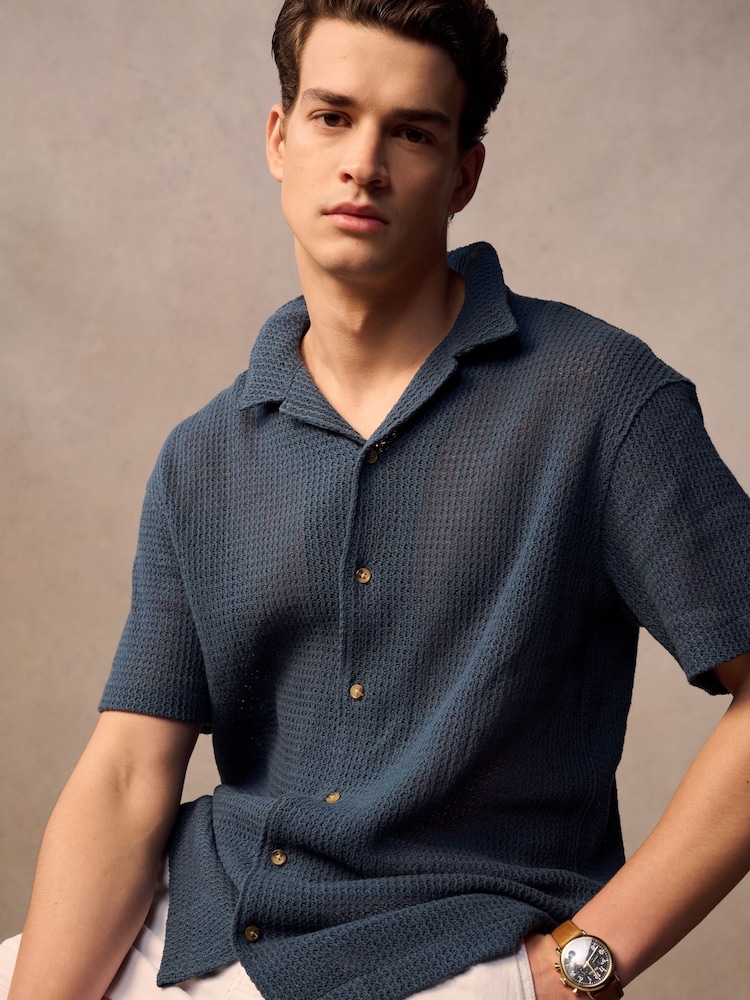 SUPERDRY Navy SUPERDRY Knitted Texture Shirt - Image 1 of 7 SUPERDRY Navy SUPERDRY Knitted Texture Shirt - Image 1 of 7