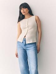 Ecru White Soft Touch Ribbed Sleeveless Button Through Cardigan Containing TENCEL™ Lyocell - Image 1 of 7