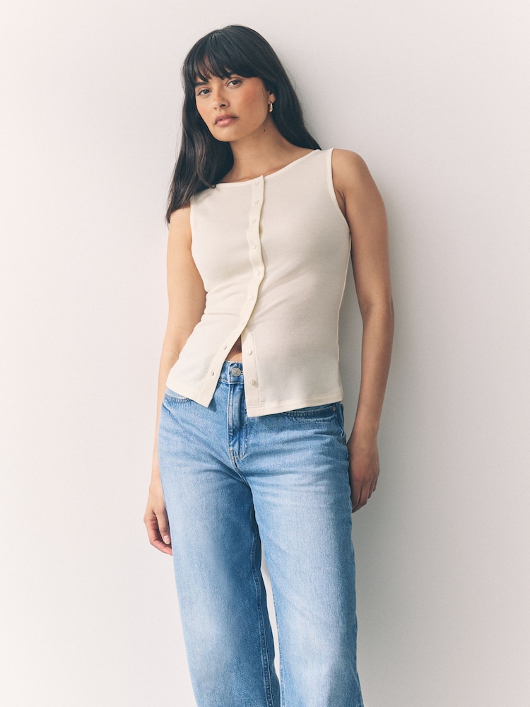 Ecru White Soft Touch Ribbed Sleeveless Button Through Cardigan Containing TENCEL™ Lyocell - Image 1 of 7