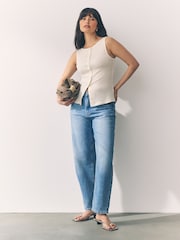Ecru White Soft Touch Ribbed Sleeveless Button Through Cardigan Containing TENCEL™ Lyocell - Image 2 of 7