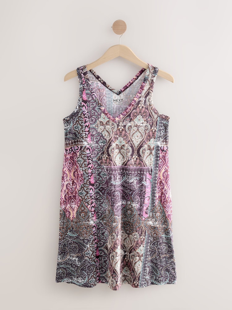 Purple Paisley Print Sleeveless V-Neck Slouch Dress - Image 1 of 3