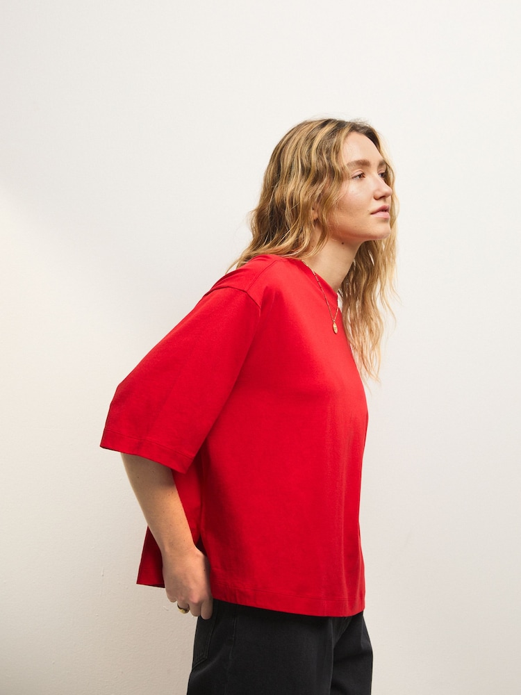 Cherry Red Relaxed Boxy Elbow Length Crew Neck T-Shirt - Image 3 of 9