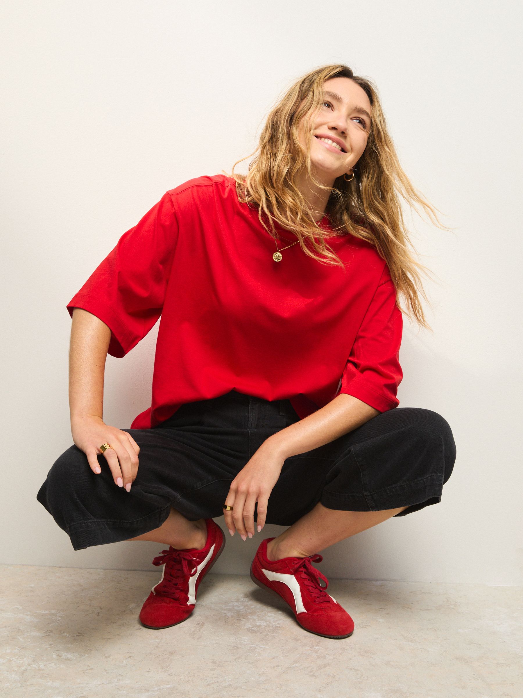 Buy Cherry Red Relaxed Boxy Elbow Length Crew Neck T-Shirt from