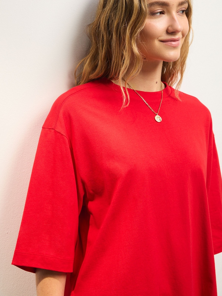 Cherry Red Relaxed Boxy Elbow Length Crew Neck T-Shirt - Image 5 of 9