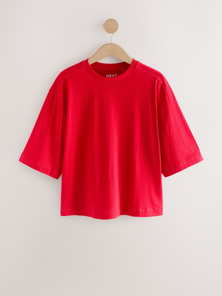 Cherry Red Relaxed Boxy Elbow Length Crew Neck T-Shirt - Image 6 of 9