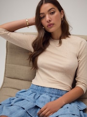 Oatmeal Soft Touch Ribbed Elbow Length Sleeve Crew Neck Top Containing TENCEL™ Lyocell - Image 1 of 6