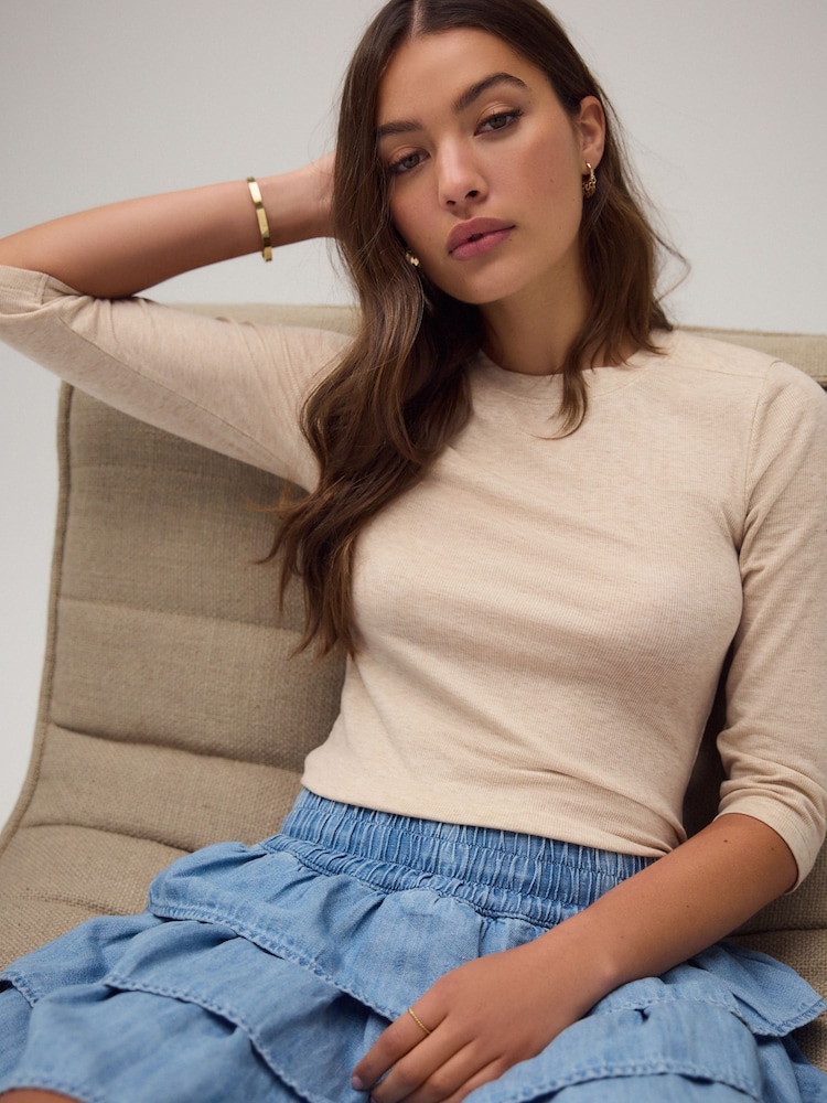 Oatmeal Soft Touch Ribbed Elbow Length Sleeve Crew Neck Top Containing TENCEL™ Lyocell - Image 1 of 6