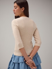 Oatmeal Soft Touch Ribbed Elbow Length Sleeve Crew Neck Top Containing TENCEL™ Lyocell - Image 3 of 6