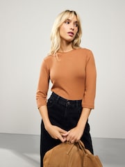 Rust Brown Soft Touch Ribbed Elbow Length Sleeve Crew Neck Top Containing TENCEL™ Lyocell - Image 1 of 11