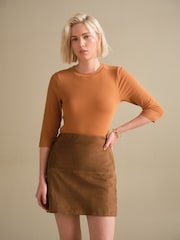 Rust Brown Soft Touch Ribbed Elbow Length Sleeve Crew Neck Top Containing TENCEL™ Lyocell - Image 2 of 11