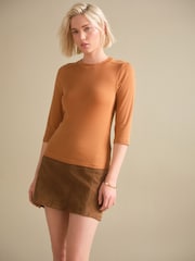 Rust Brown Soft Touch Ribbed Elbow Length Sleeve Crew Neck Top Containing TENCEL™ Lyocell - Image 3 of 11