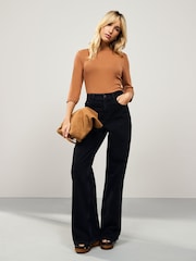 Rust Brown Soft Touch Ribbed Elbow Length Sleeve Crew Neck Top Containing TENCEL™ Lyocell - Image 4 of 11