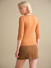 Rust Brown Soft Touch Ribbed Elbow Length Sleeve Crew Neck Top Containing TENCEL™ Lyocell - Image 5 of 11