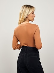Rust Brown Soft Touch Ribbed Elbow Length Sleeve Crew Neck Top Containing TENCEL™ Lyocell - Image 6 of 11