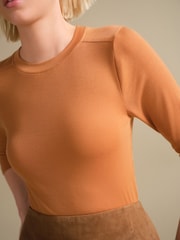 Rust Brown Soft Touch Ribbed Elbow Length Sleeve Crew Neck Top Containing TENCEL™ Lyocell - Image 8 of 11